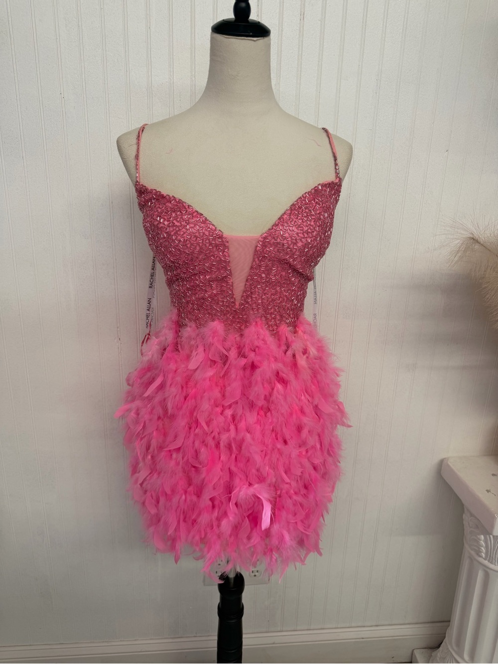 Rachel Allan Hot Pink Feathered Mini Dress